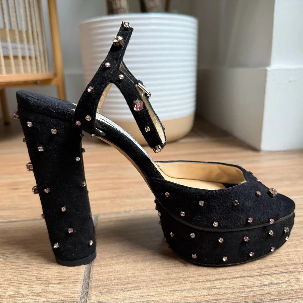 Jimmy Choo Black Suede Rhinestone Heels Platform Ankle Strap Pink Crystal